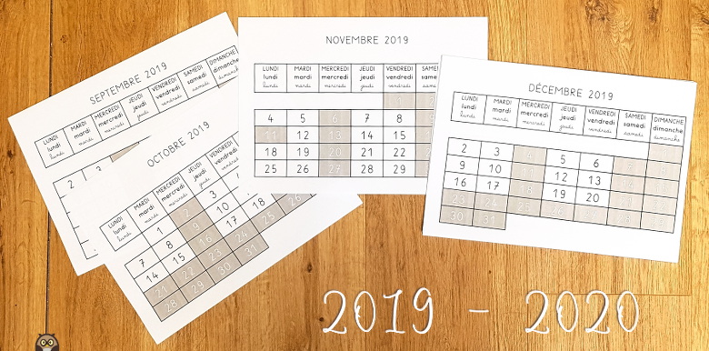 Calendrier mensuel 2019 2020 pour la maternelle