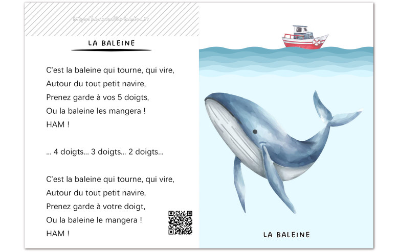 C'est la baleine qui tourne qui vire - Fiche A5 pour la boîte à comptines