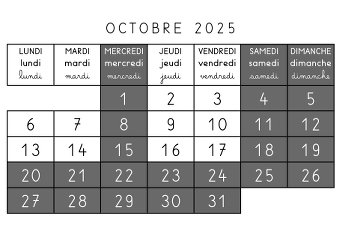 Calendrier mensuel - aperçu du mois d'octobre 2025 - classe à 4 jours