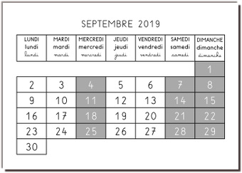 Calendrier mensuel en maternelle - aperçu du mois de septembre