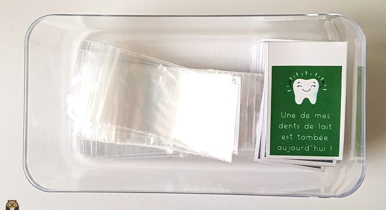 boîte avec sachets et étiquettes pour les dents perdues