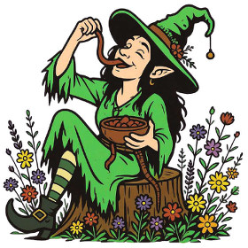 au jardin de ma grand-mère - une sorcière au chapeau vert en train de manger des vers de terre