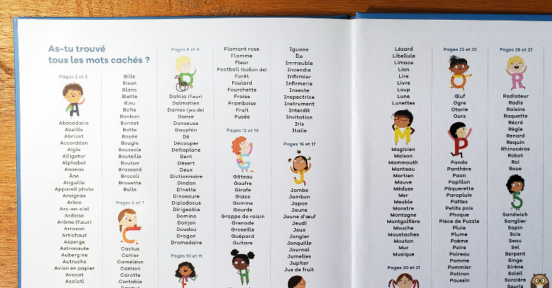 Ma super classe de A à Z - liste des mots cachés dans les illustrations