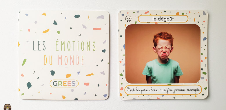 Coffret "Les émotions du monde" de la marque Grees - Les grandes cartes ont toutes le même verso et un recto "photo".